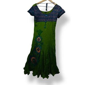 Handmade Embroidered Quilted Short Sleeve Midi Dress Tie Front Lined ~Sm/Medium